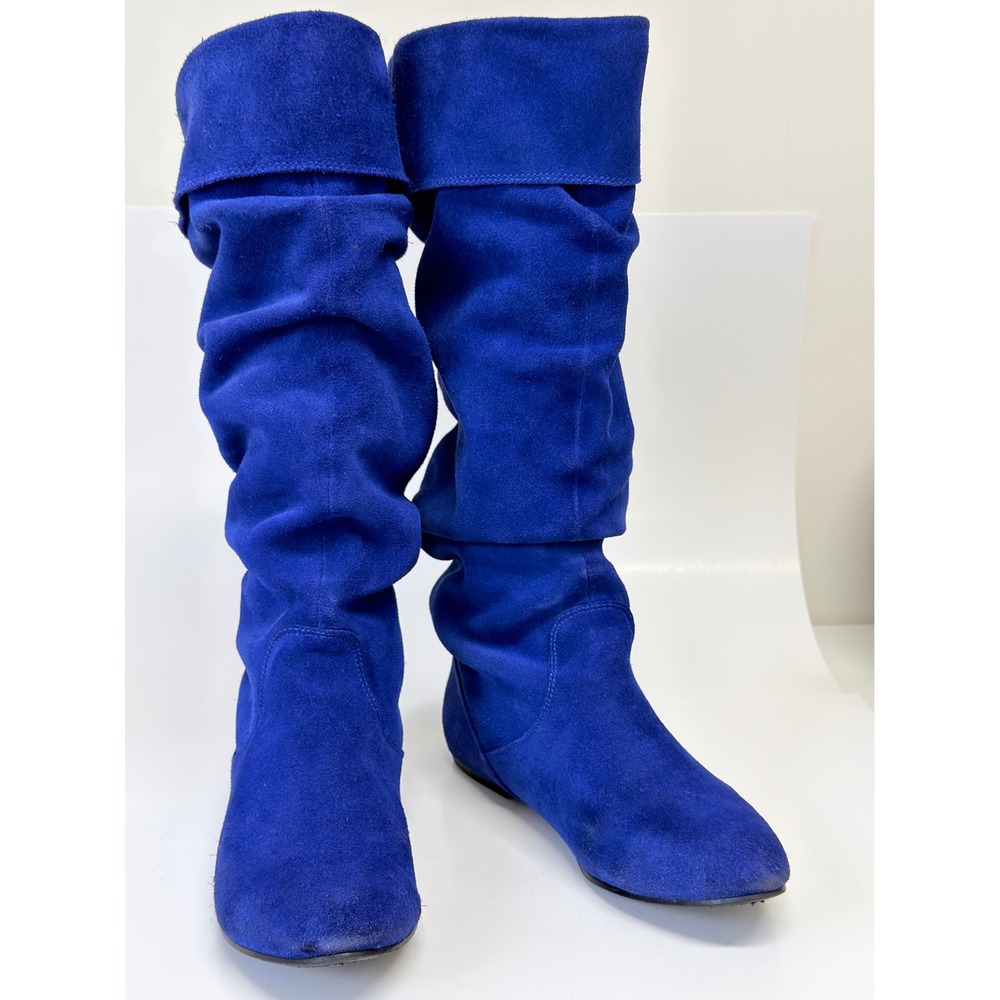 Steve Madden Slouch Tall Boots Women 8.5 Blue Suede Buckle Flat Pull On